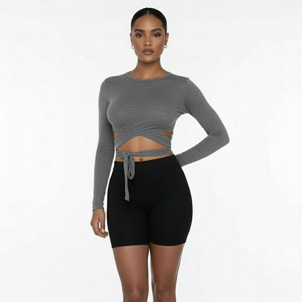 Long-Sleeved Round Neck Cutout Top