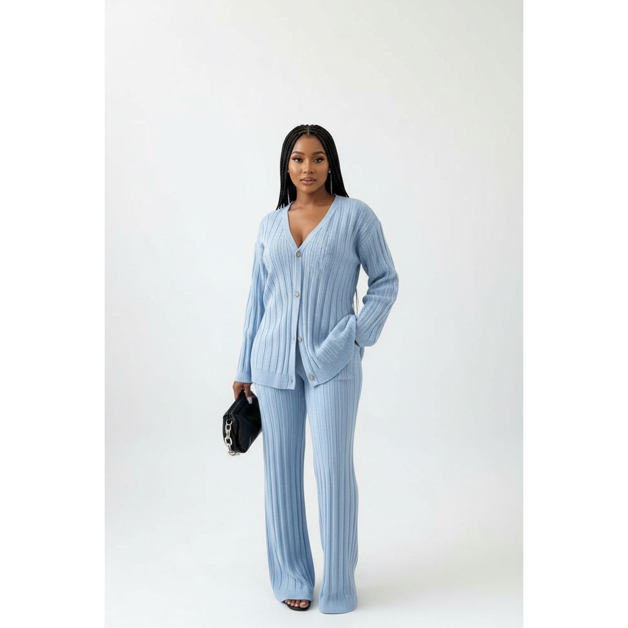 Ribbed Knit V-Neck Two Piece Set
