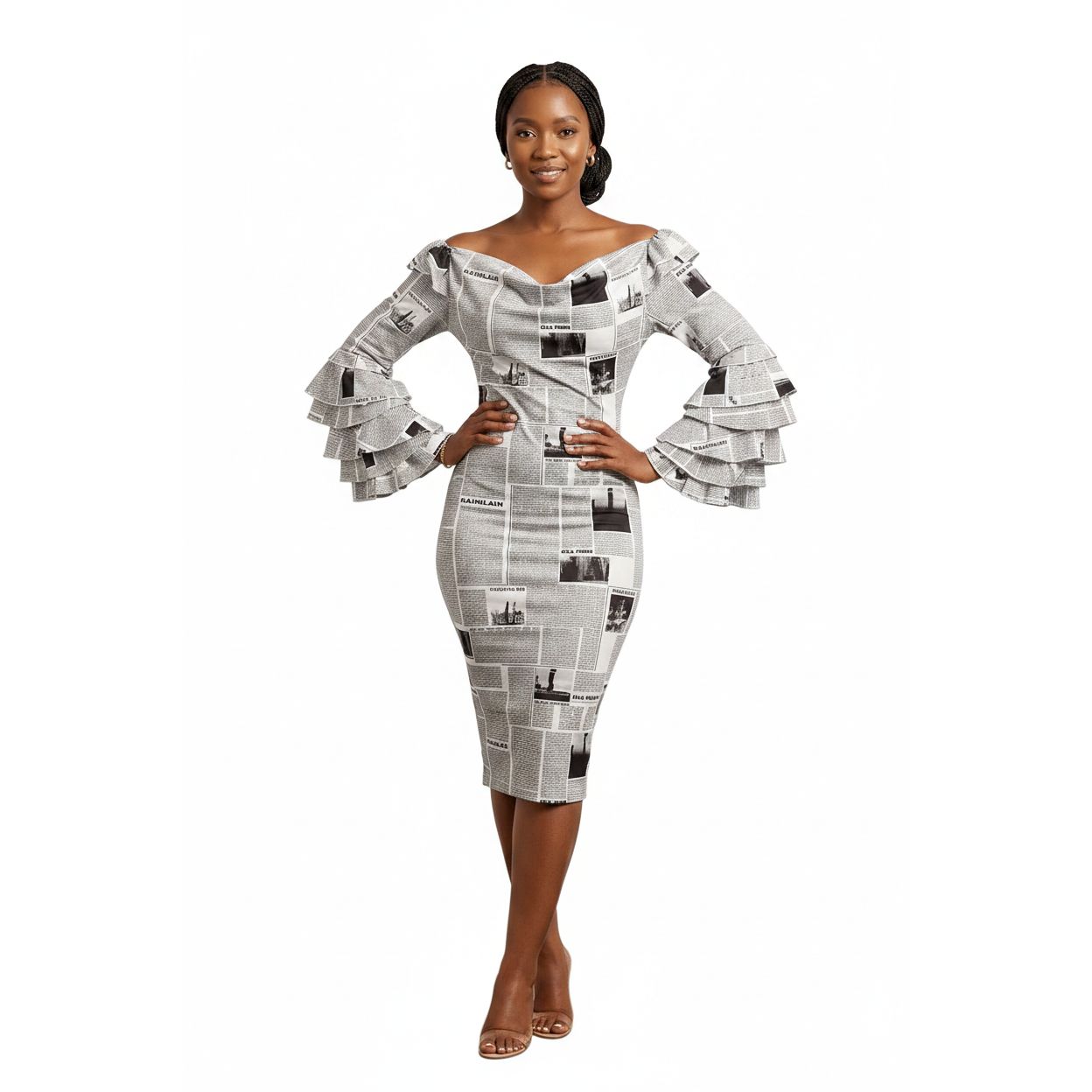 Print Cold Shoulder Lantern Sleeve Long Sleeve Skinny Pencil Dress.