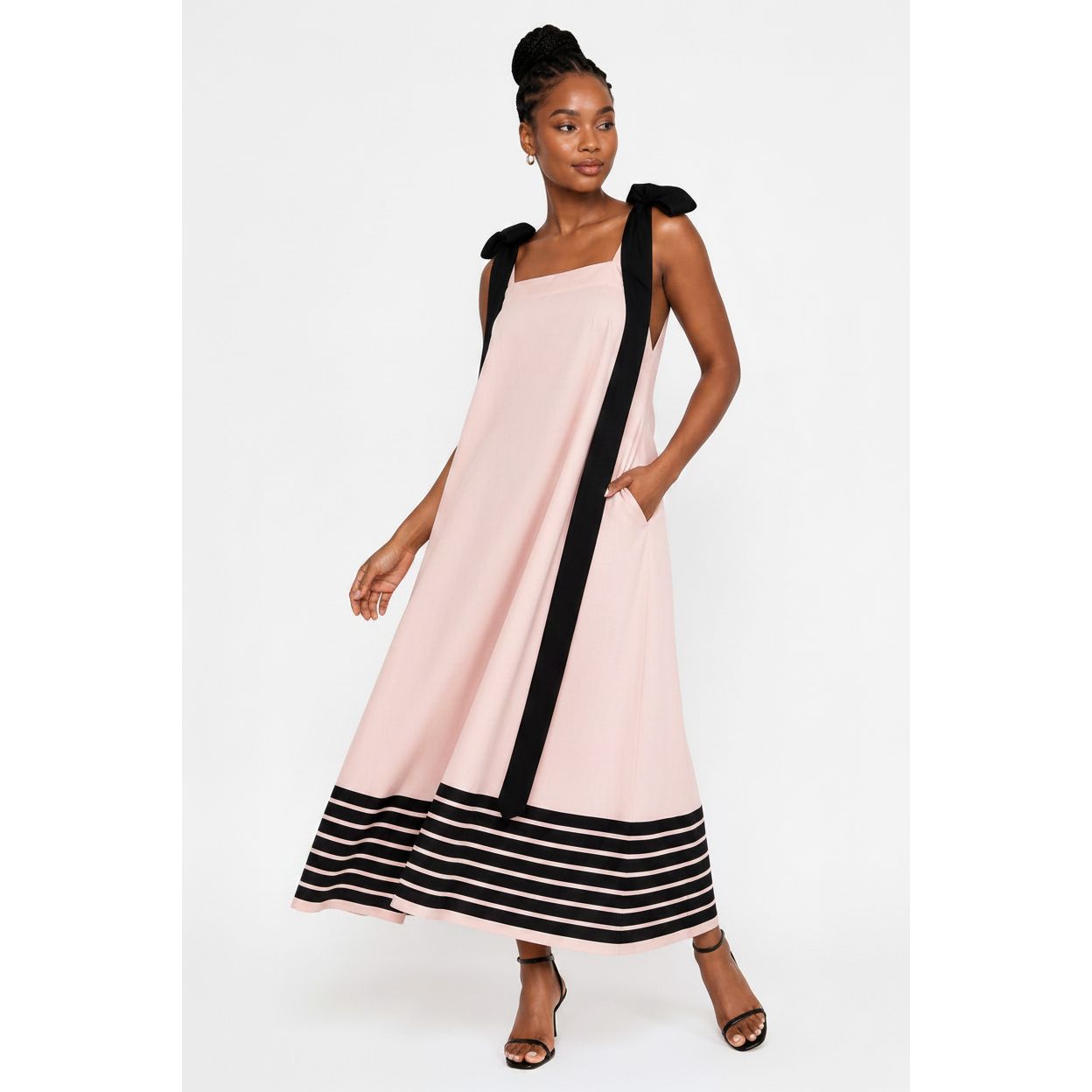 Tie Shoulder Straps And Striped Detail Along The Bottom Hem