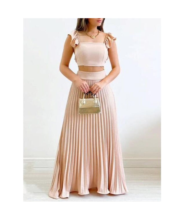 Sexy Pleated Skirt and Square Neck Top Set