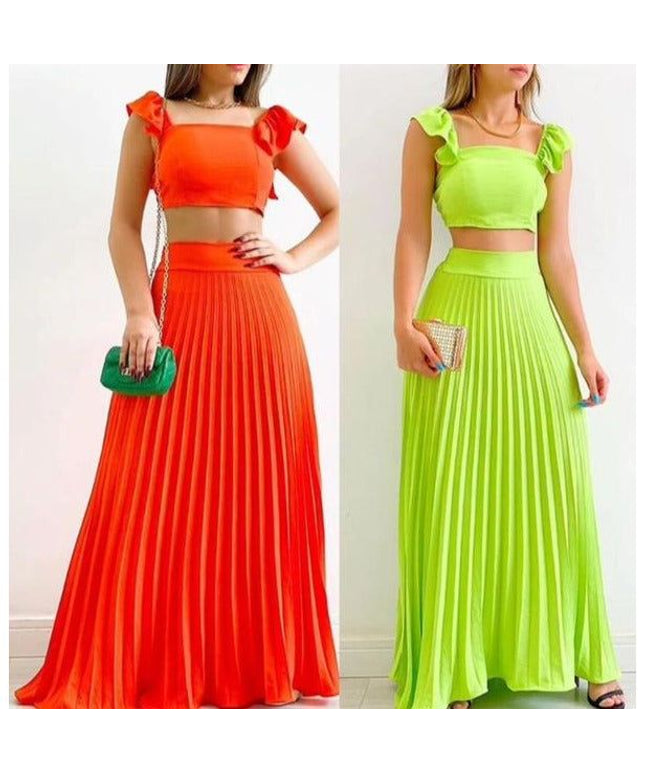 Sexy Pleated Skirt and Square Neck Top Set