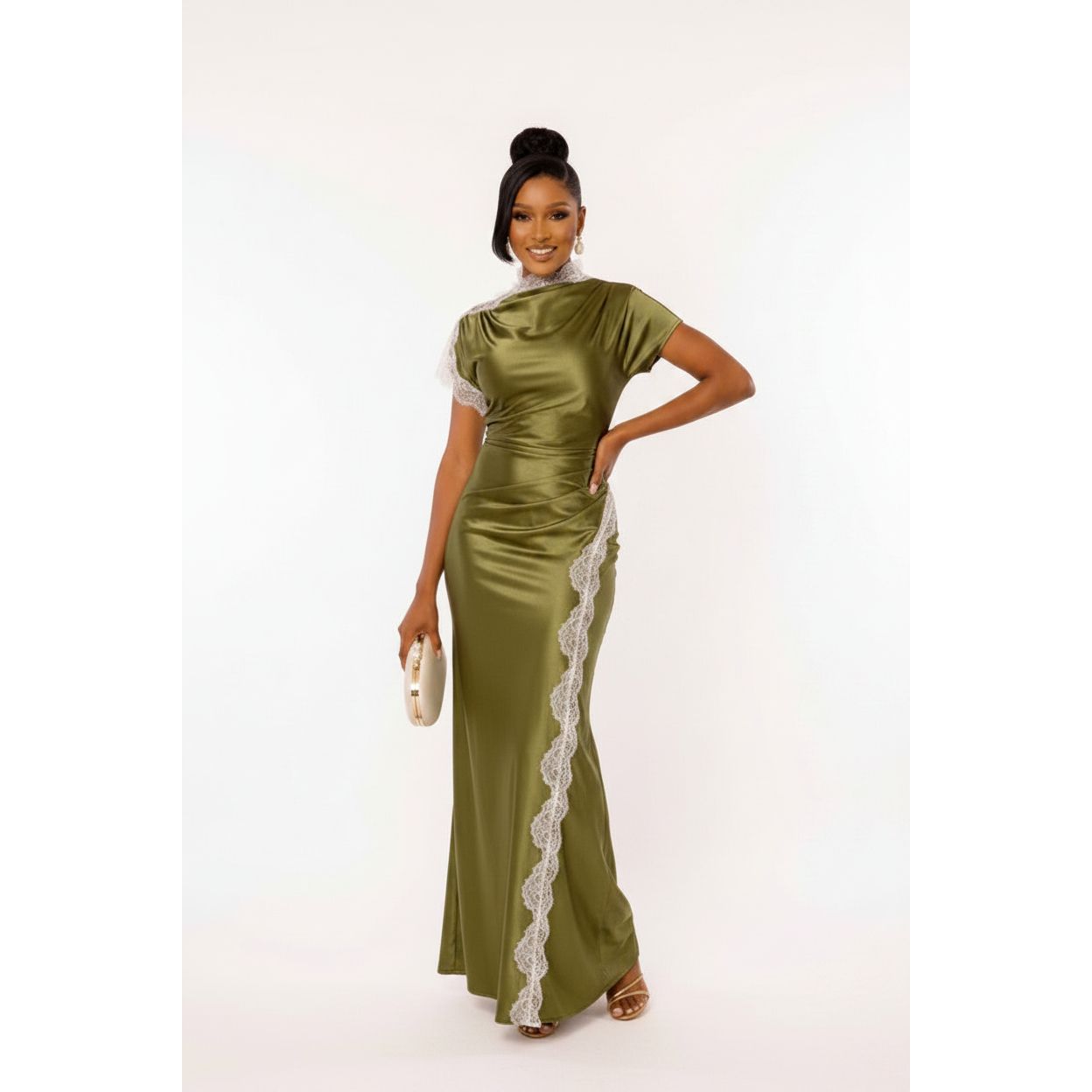 Stunning Satin High Lace Trim Slit Maxi Dress