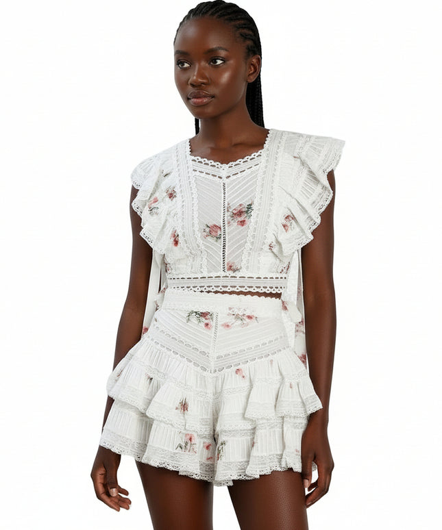 Patchwork Lace-up Hollow-out Two Piece Set