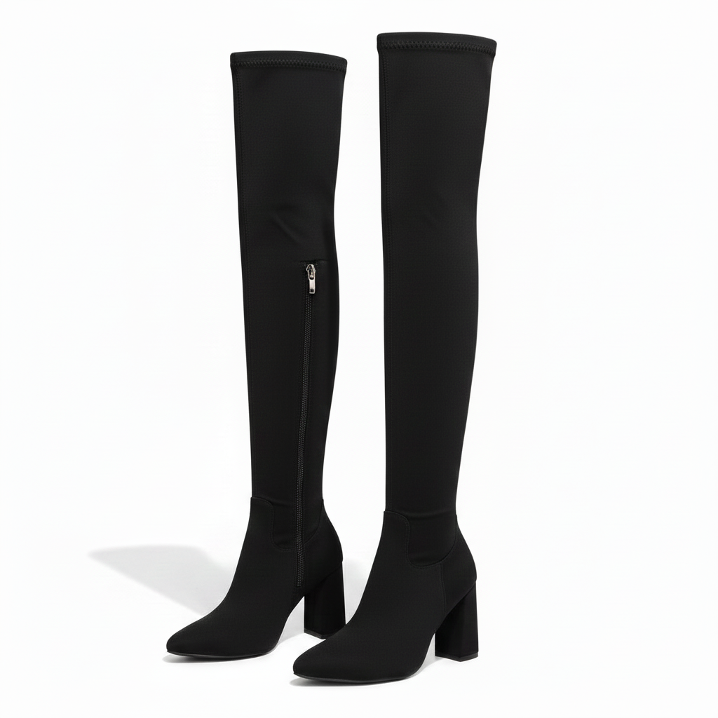 Suede Chunky Heel Thigh High Sock Boots