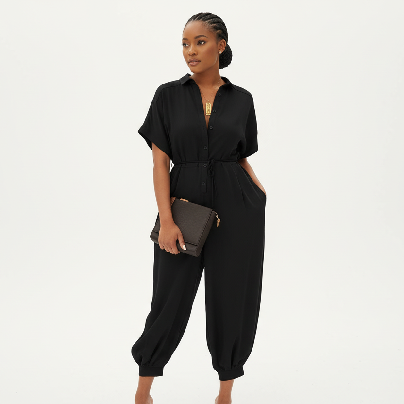 V-Neck Button Lace-Up Jumpsuit