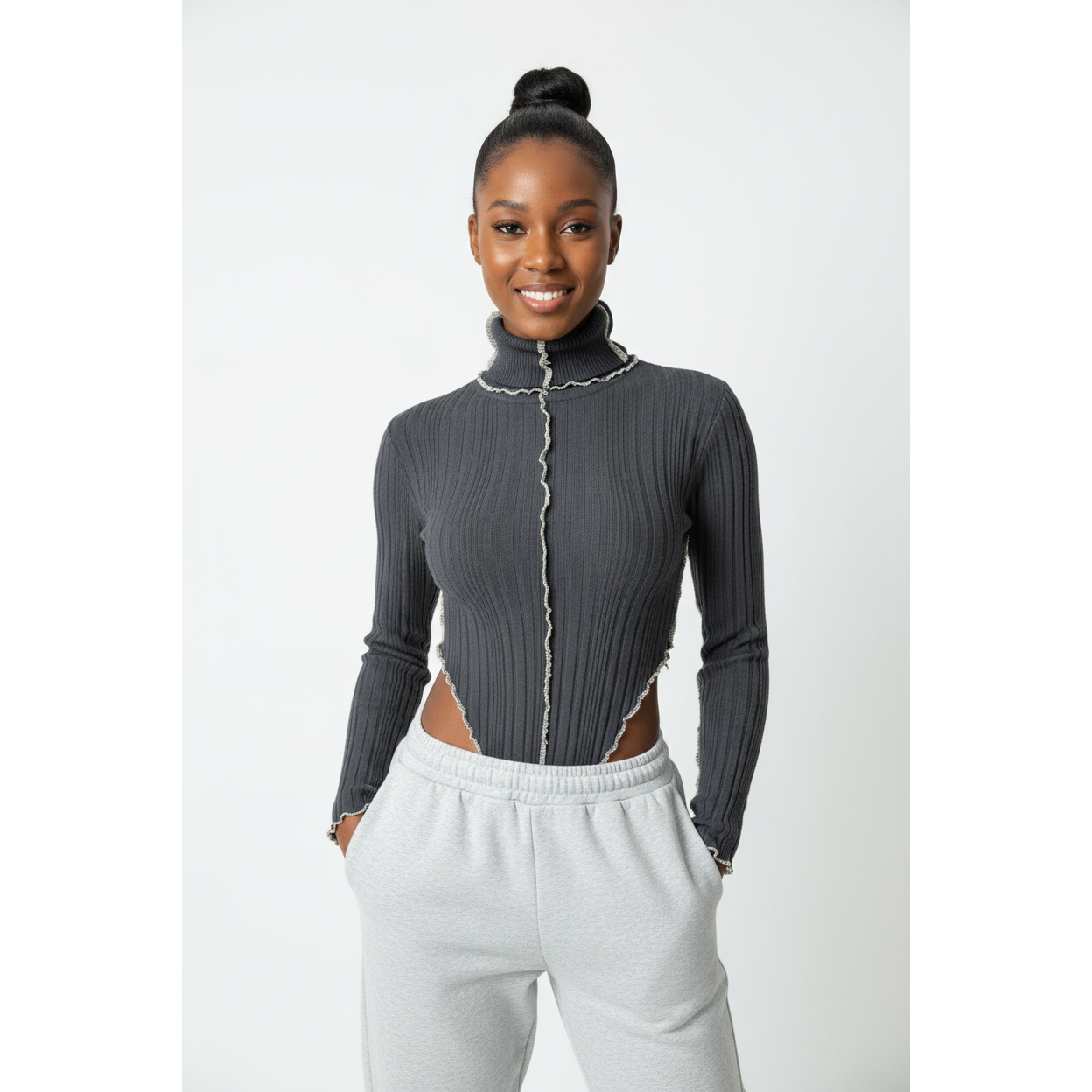 Long Sleeve Turtleneck Knitted Patchwork Tops