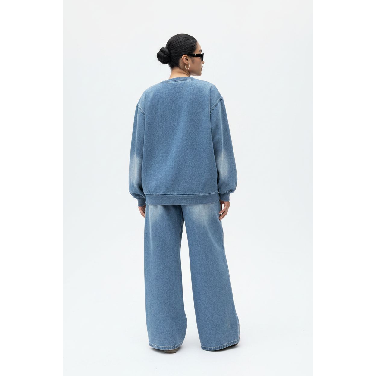 Plus Size Washed Denim Long-Sleeve Top & Wide-Leg Pants