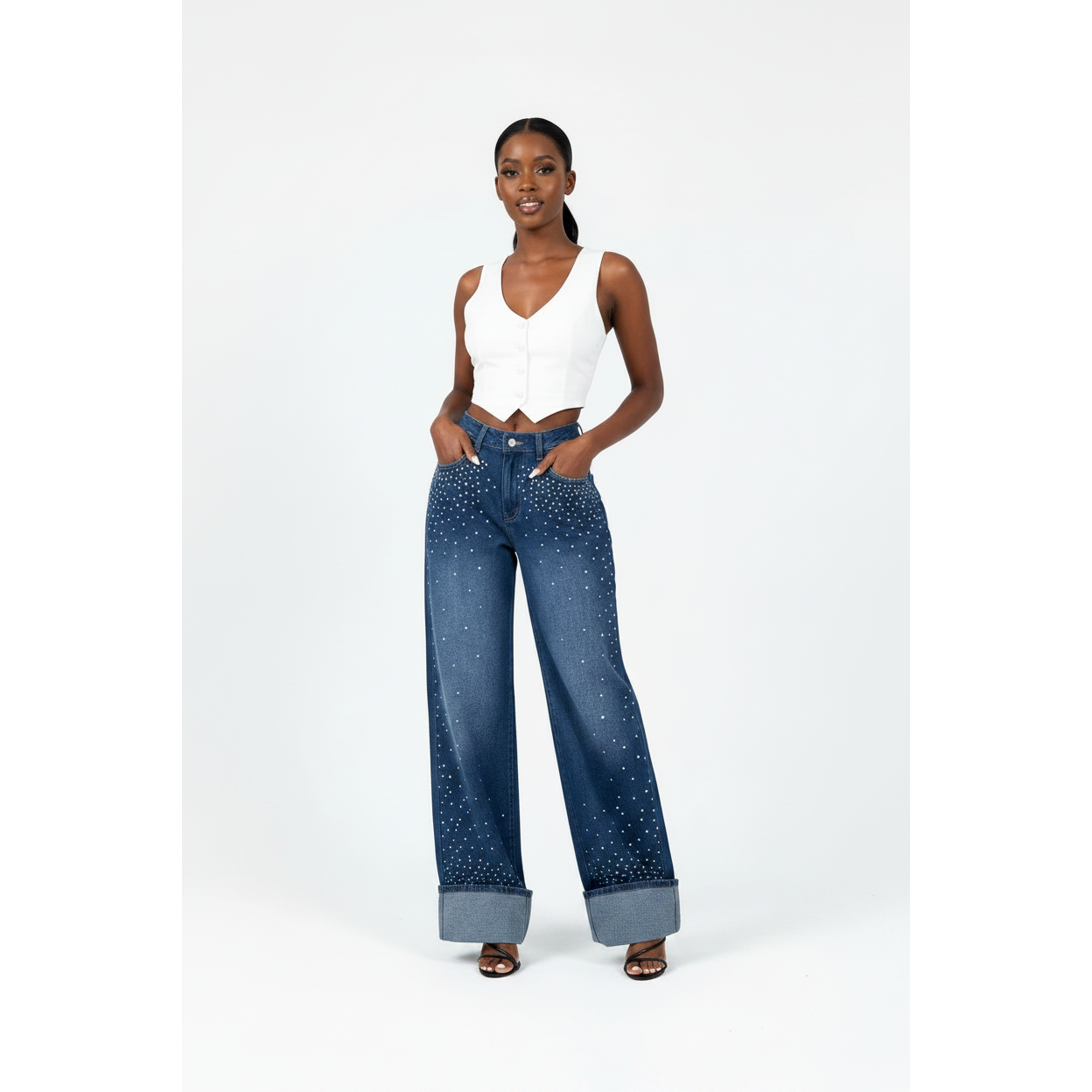 Blue High Waist Rhinestone Embellished Wide-Leg Jeans