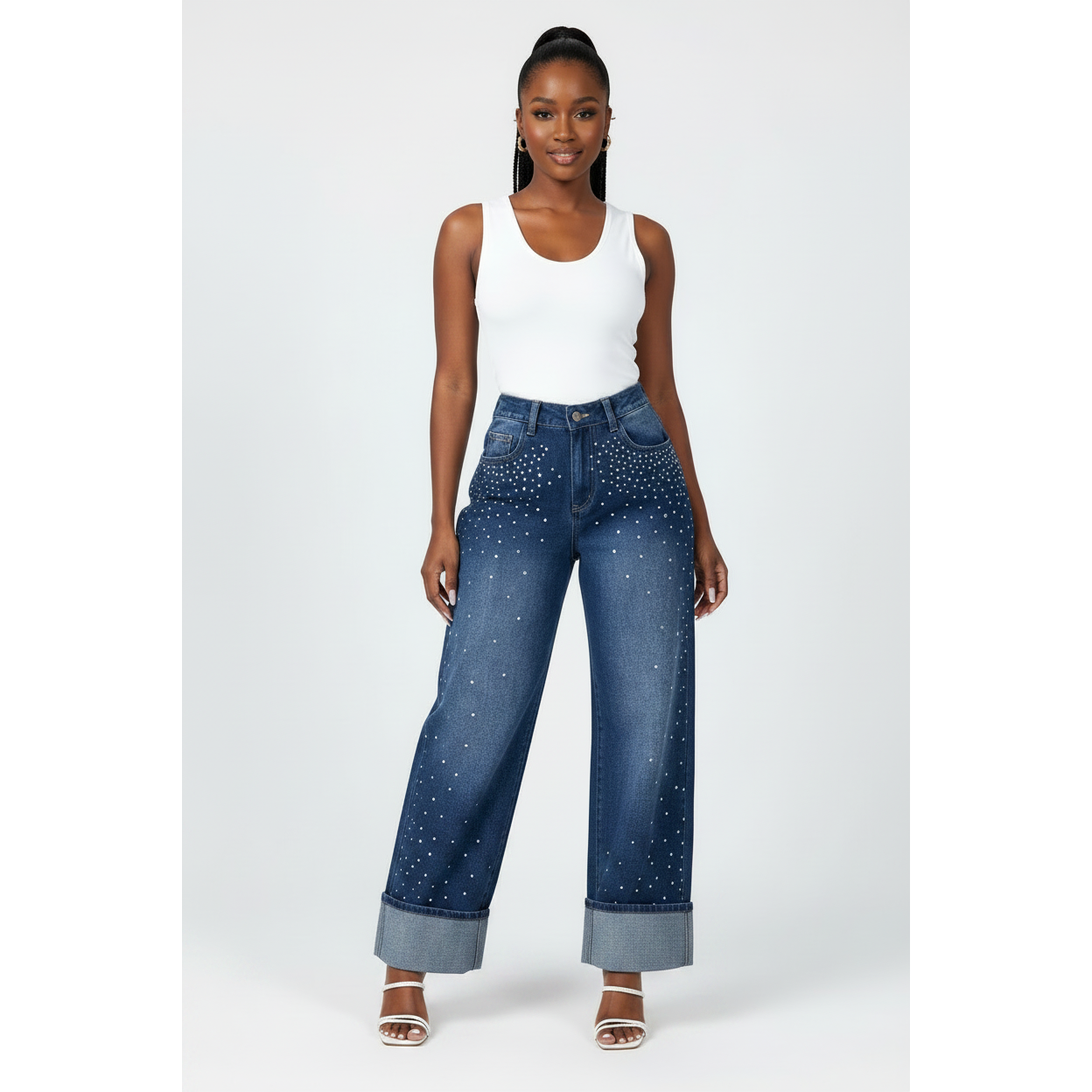 Blue High Waist Rhinestone Embellished Wide-Leg Jeans