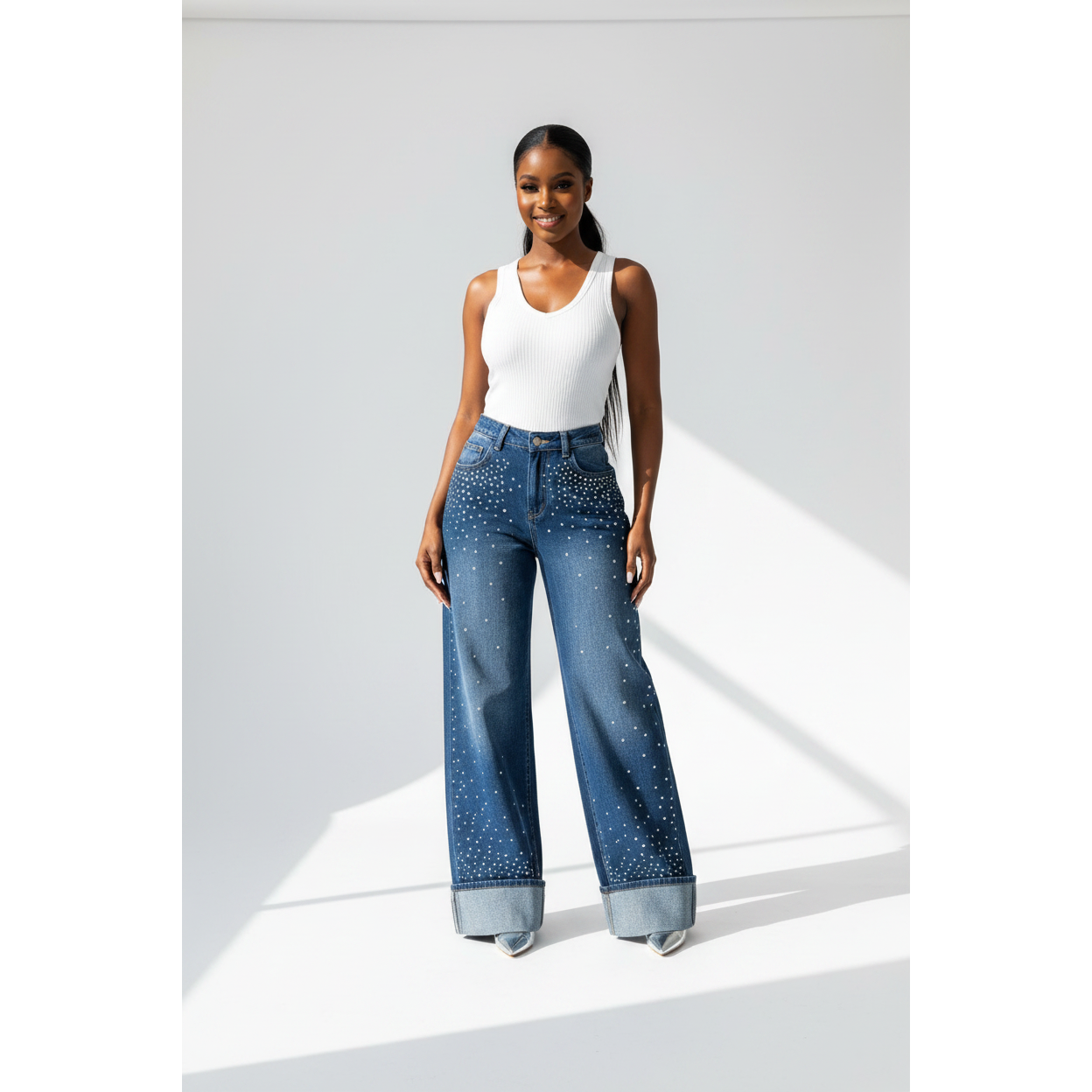 Blue High Waist Rhinestone Embellished Wide-Leg Jeans