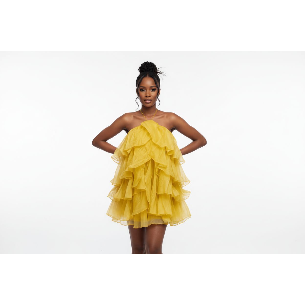 Multi-Layer Mesh Ruffle Halter Neck Dress