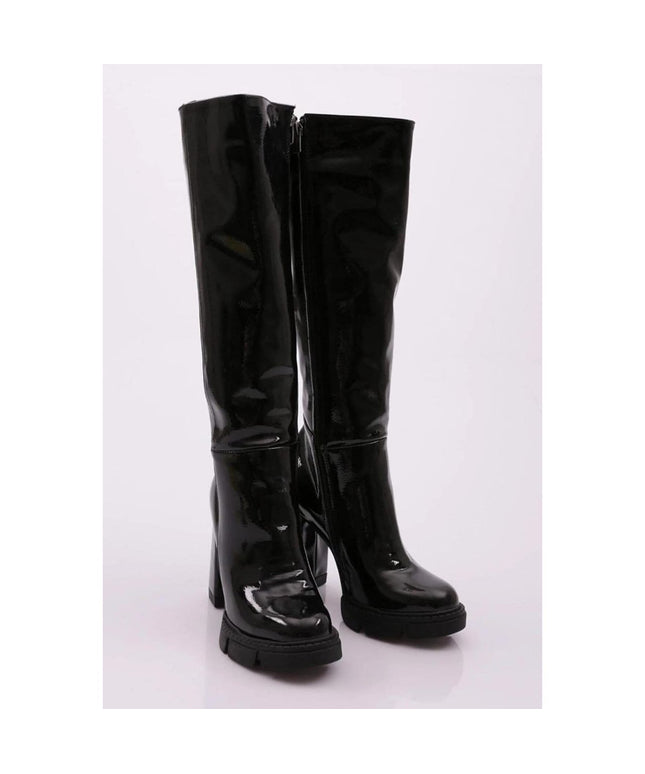 Long Glossy Thick Heel Boots