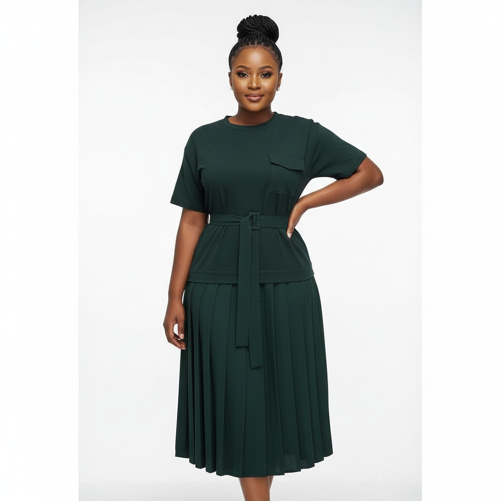 Pleated Short Sleeve Solid Color Dress