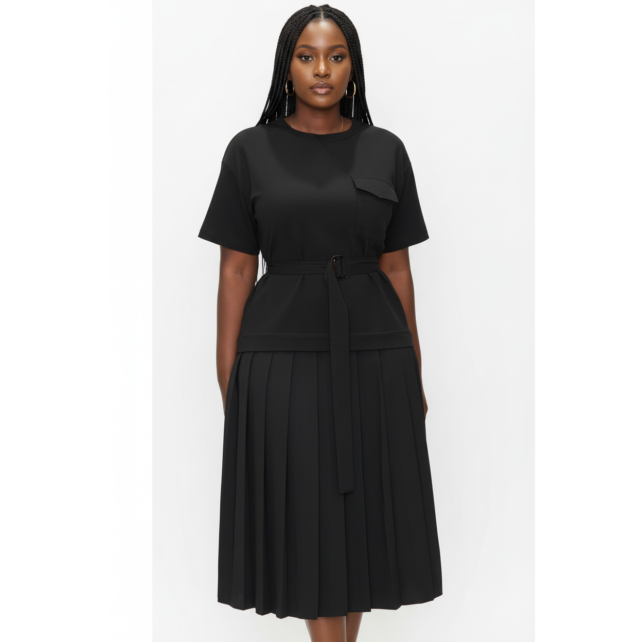 Pleated Short Sleeve Solid Color Dress