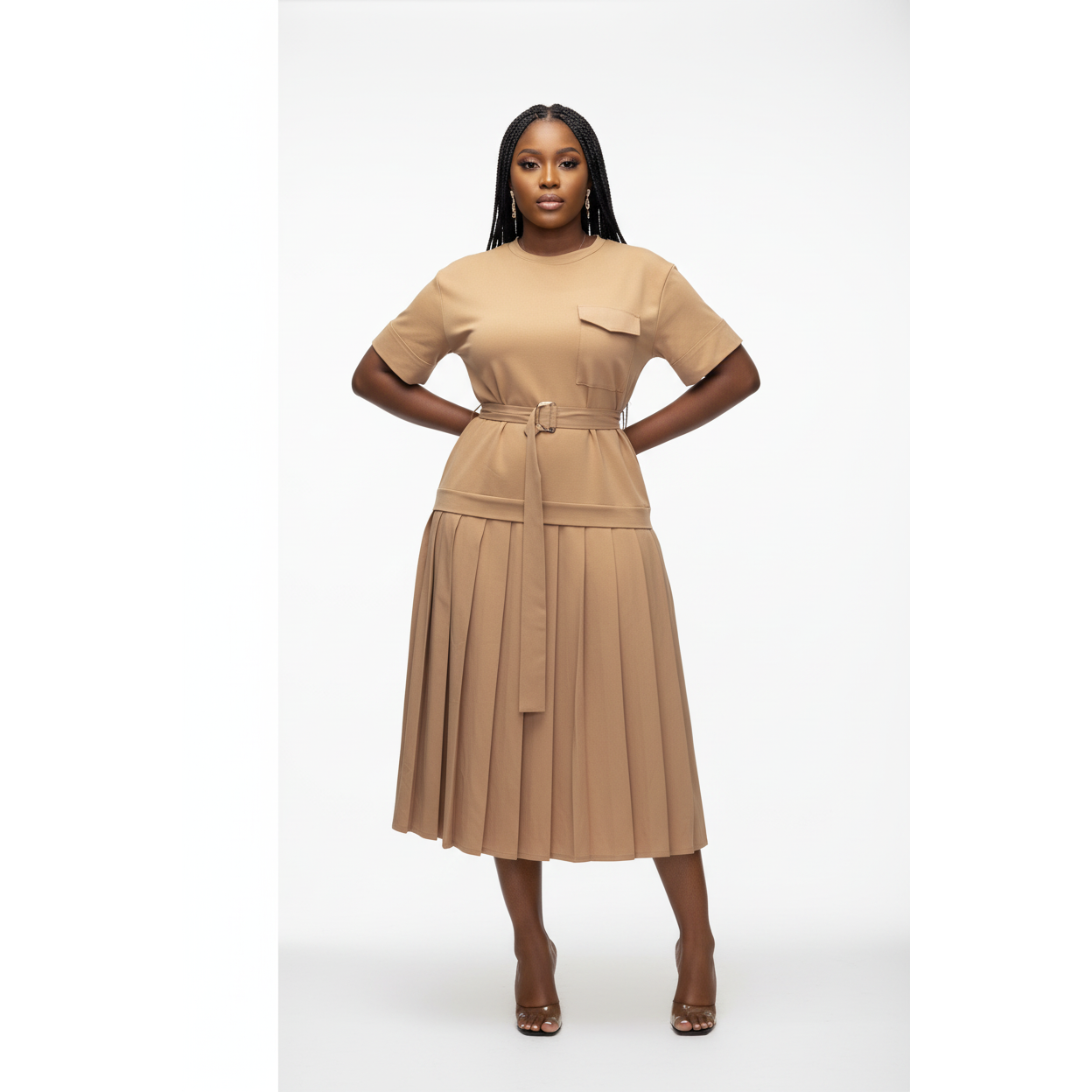 Pleated Short Sleeve Solid Color Dress