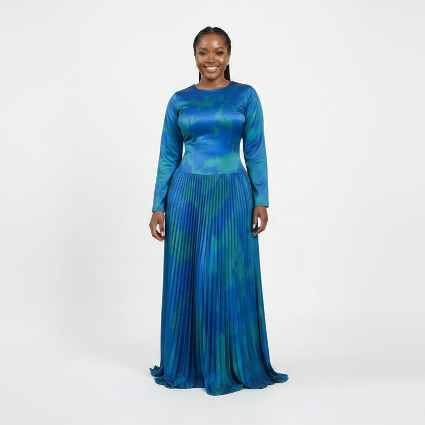 Satin Elegant Royal Blue Pleated Maxi Dress