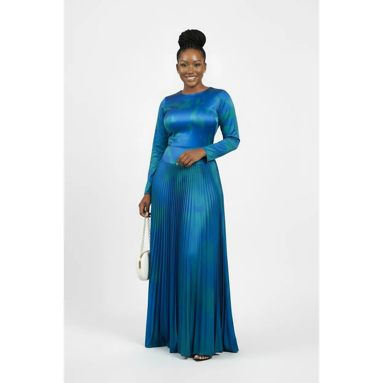 Satin Elegant Royal Blue Pleated Maxi Dress