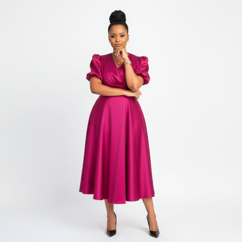 Plus Size Puff Sleeve A-Line Midi Dress