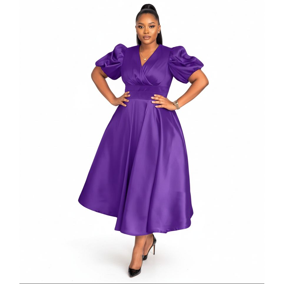 Plus Size Puff Sleeve A-Line Midi Dress
