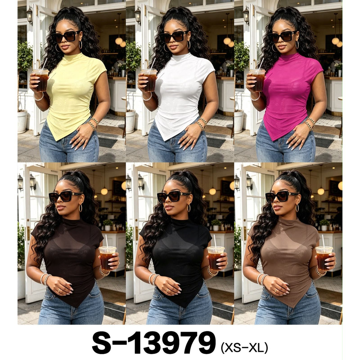 Sheer Mesh High-Neck Pointed Hem Top