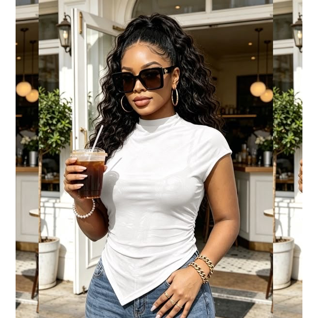 Sheer Mesh High-Neck Pointed Hem Top