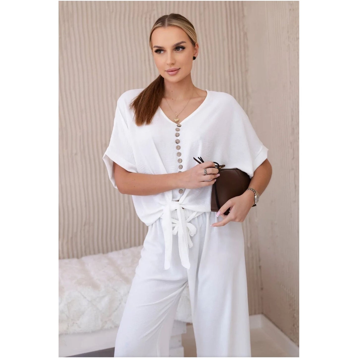 Button Front Shirt & Wide Leg Pants Set.