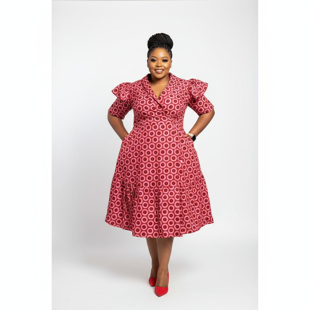 Short Sleeve African Print Pleated Knee Dress.