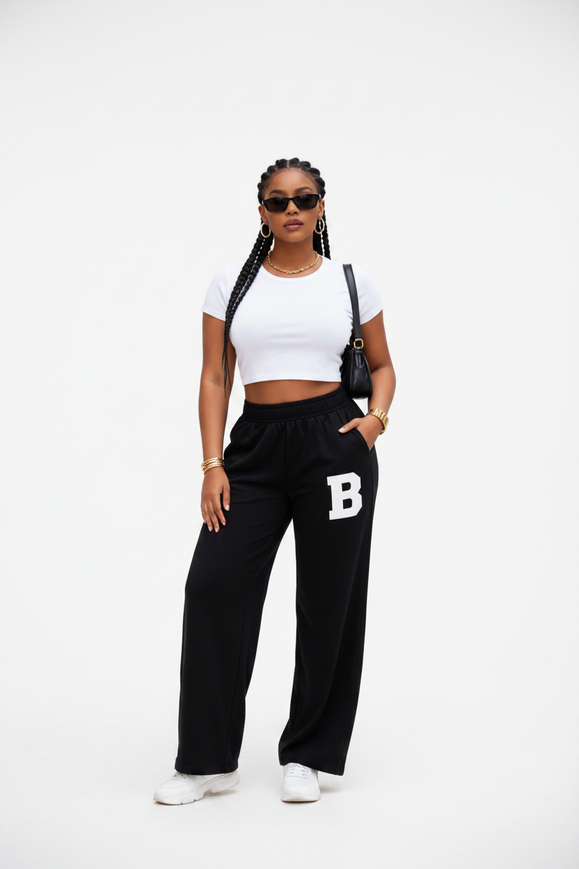 Women's High-Waisted Wide-Leg Track Pants with "B" Letter Patch.