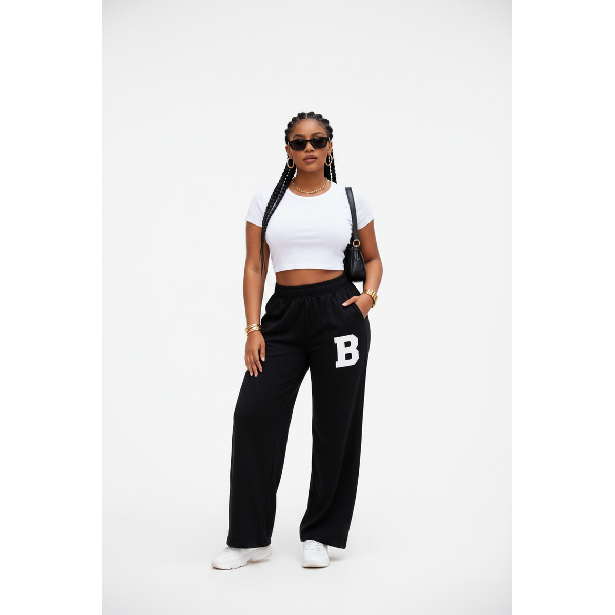 Women's High-Waisted Wide-Leg Track Pants with "B" Letter Patch.