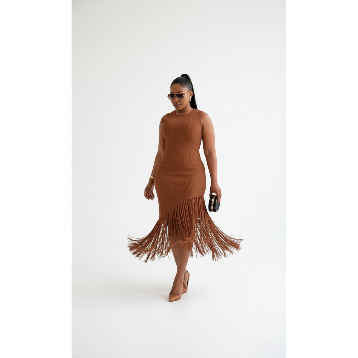 Knitted Tussle Midi Fringe Dress.