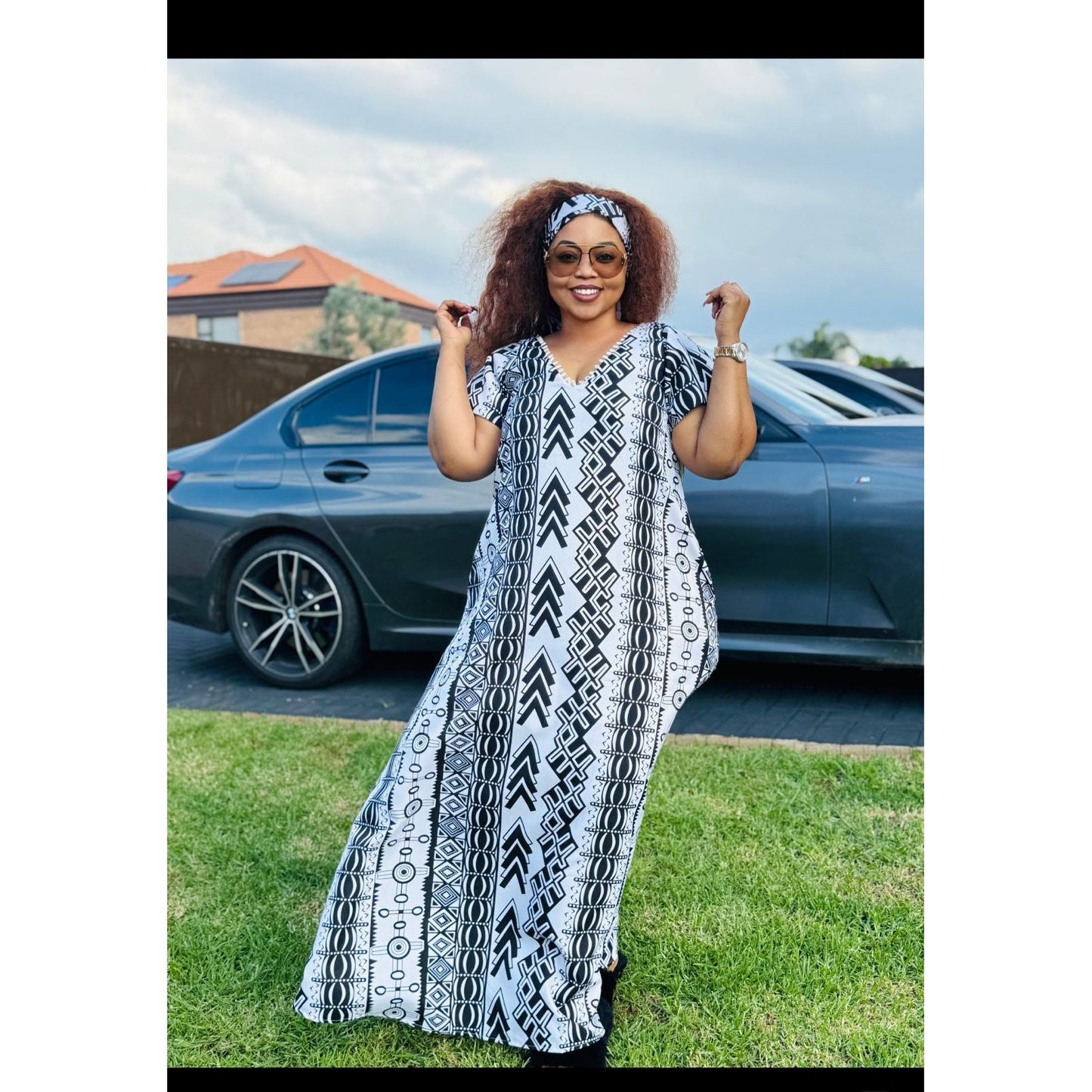 Black and white kaftan with matching head scarf