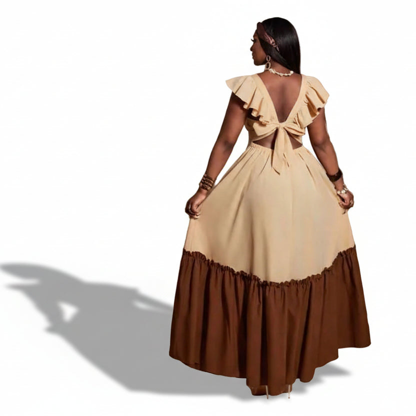 Women's Tie-back Ruffled Sleeves Color-block Maxi Dress