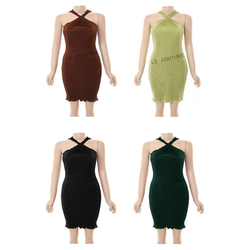 Crossover-Neck Mini Pleats Dress