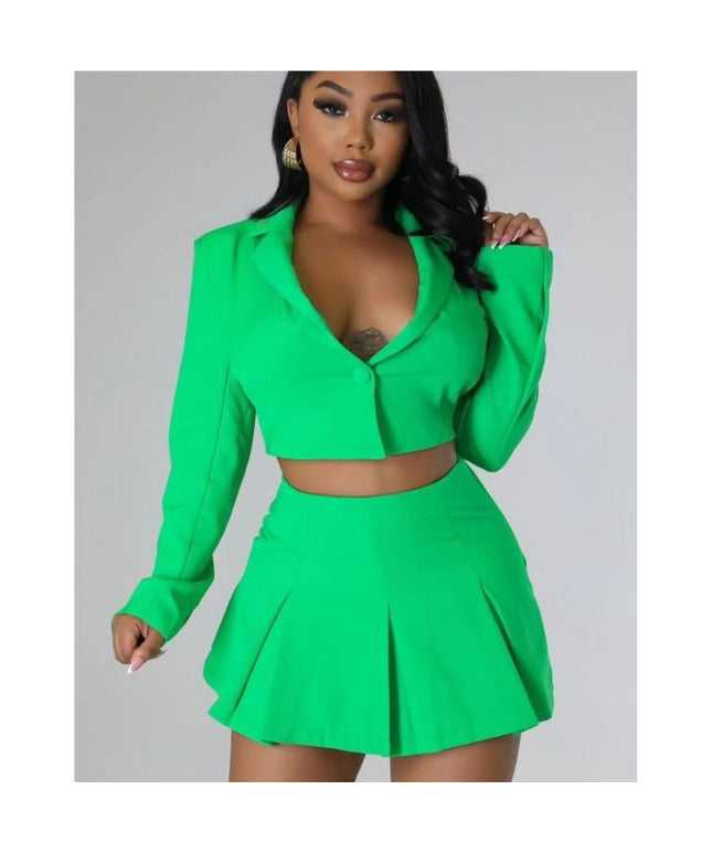 Buttoned Long Sleeve Top And Pleated Mini Skirt Set