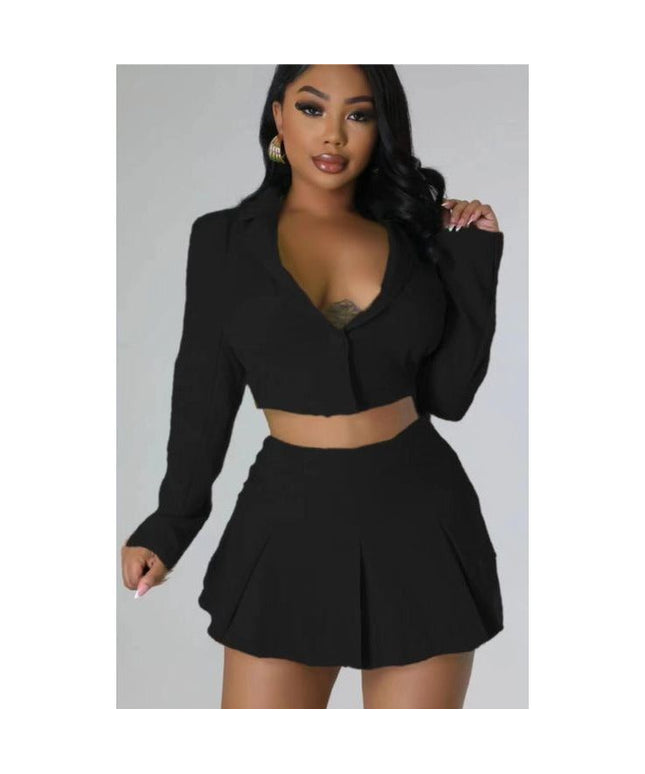 Buttoned Long Sleeve Top And Pleated Mini Skirt Set
