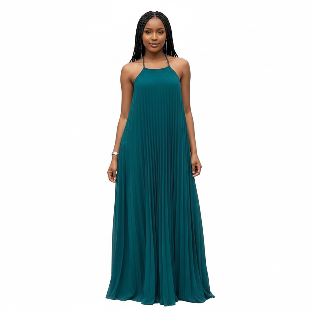 Pleated Short Sleeve Maxi Dress