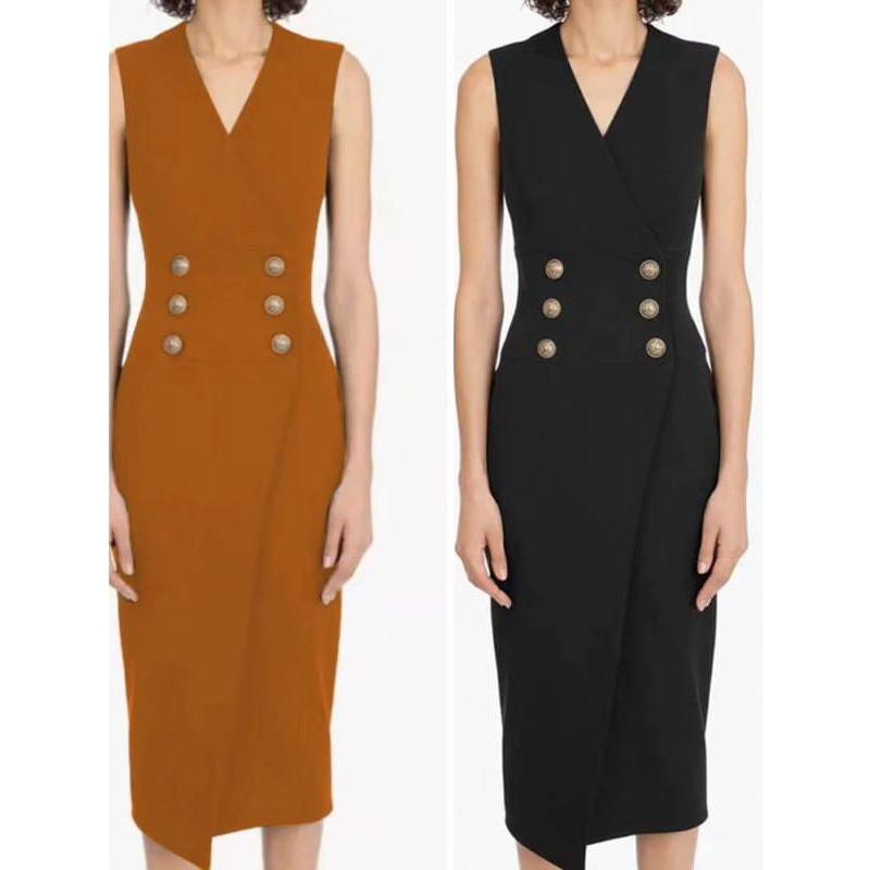 V-Neck Button Rivet Button Long Dress