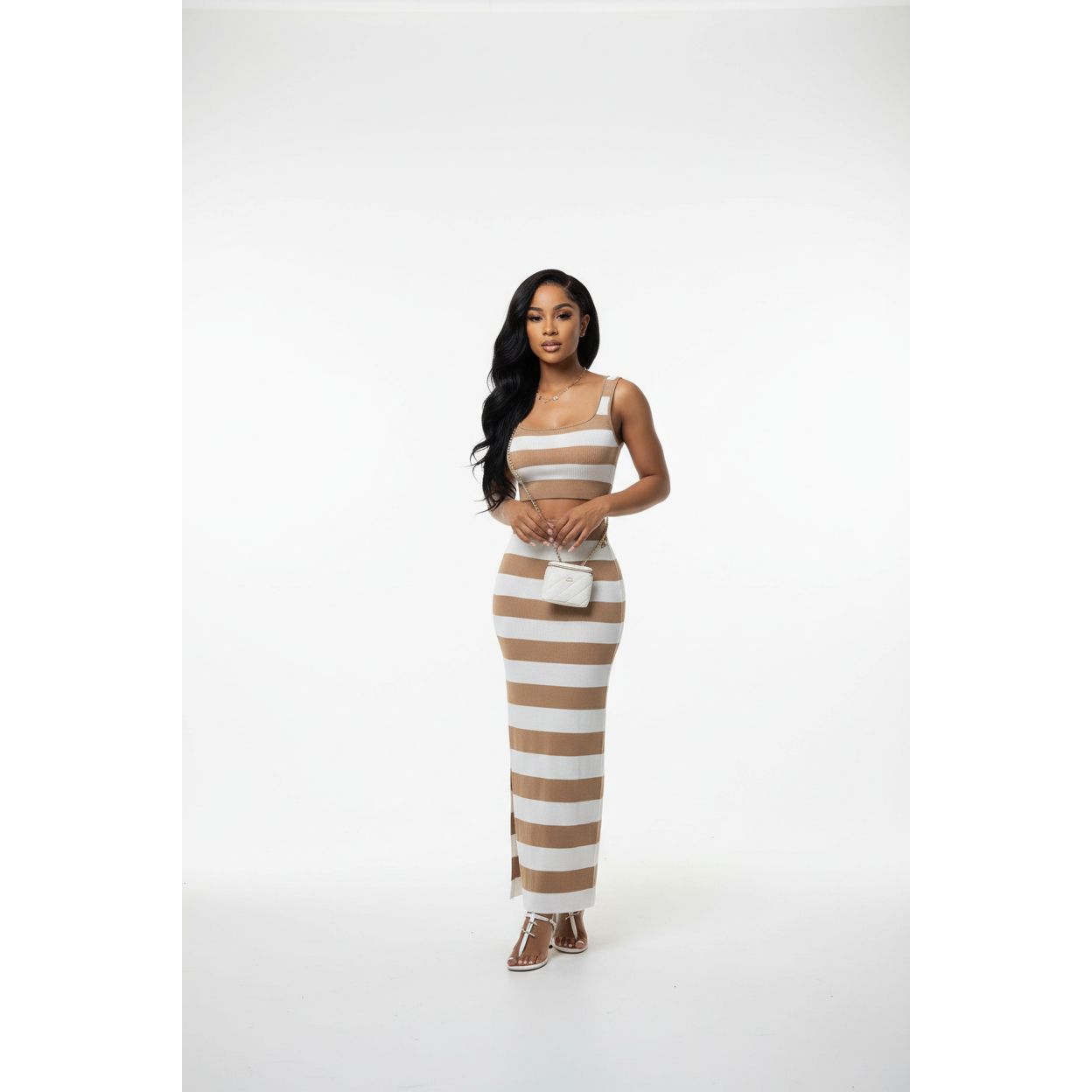 Knitted Striped Crop Top And Skirt Set