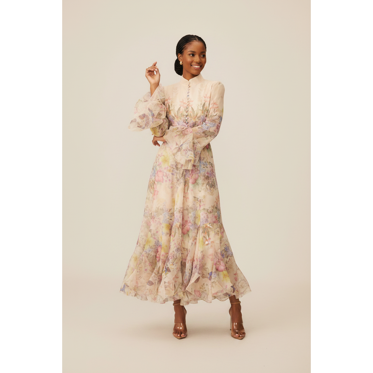 Elegant Floral Print Ruffle Cuff Maxi Dress
