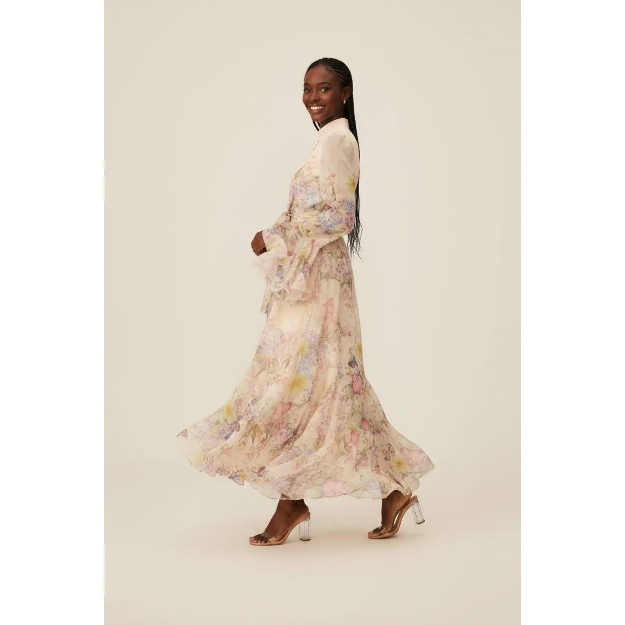 Elegant Floral Print Ruffle Cuff Maxi Dress