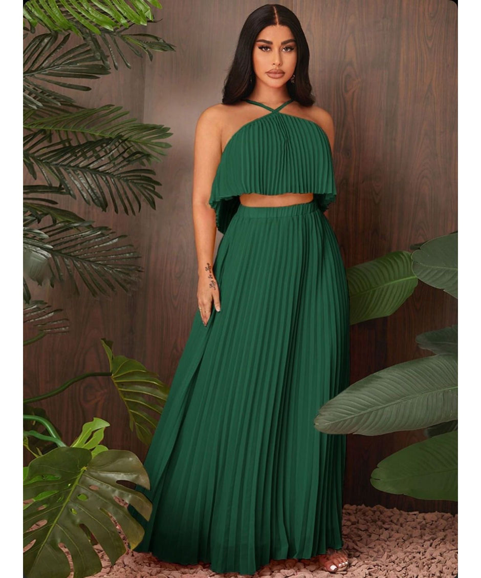 Backless Halter Top With Pleated Maxi Skirt Set