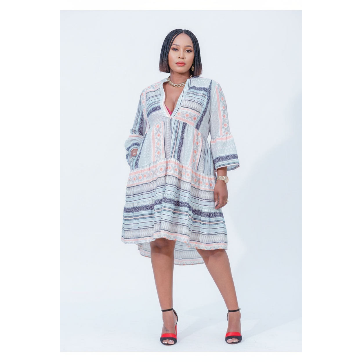 Long Sleeve V-neck Midi Dress
