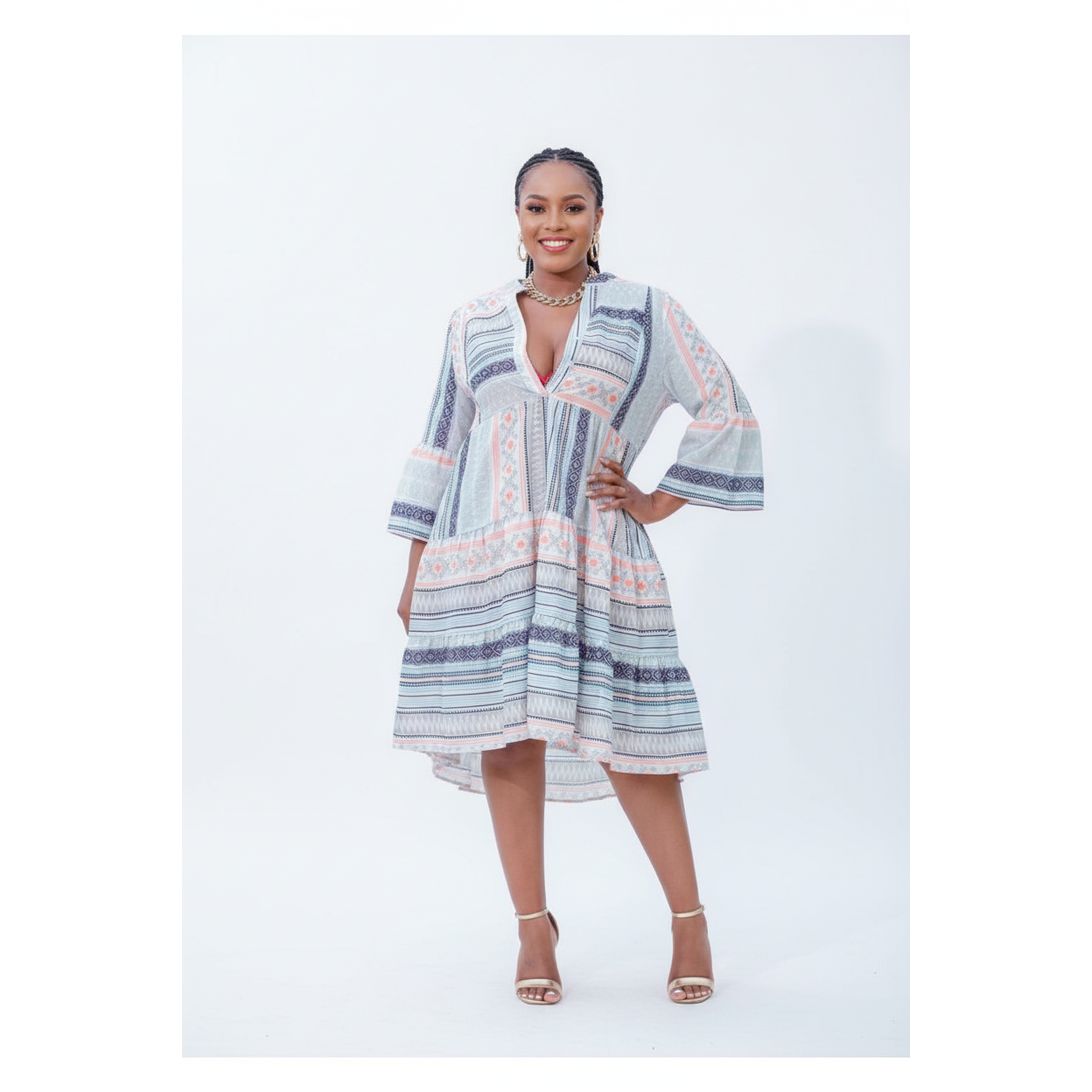 Long Sleeve V-neck Midi Dress