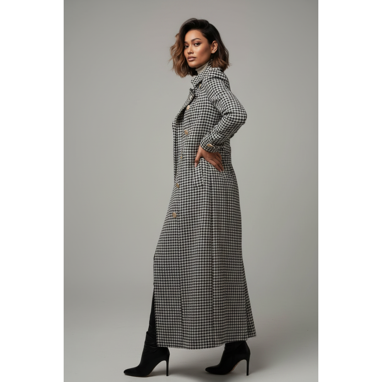 Plaid Double Breasted Long Coat