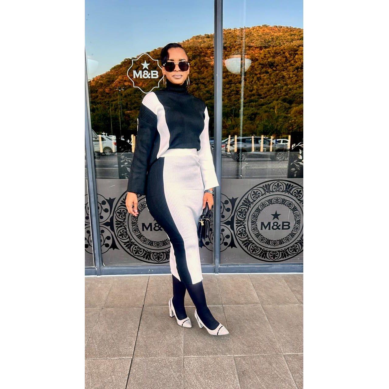 2 Tone Turtleneck Drop Shoulder Sweater & Knit Midi Skirt