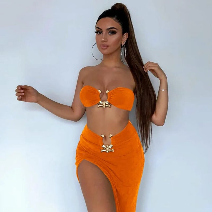 Sexy Tube Backless Lace-up Top and Slim Slit Midi Skirt Set