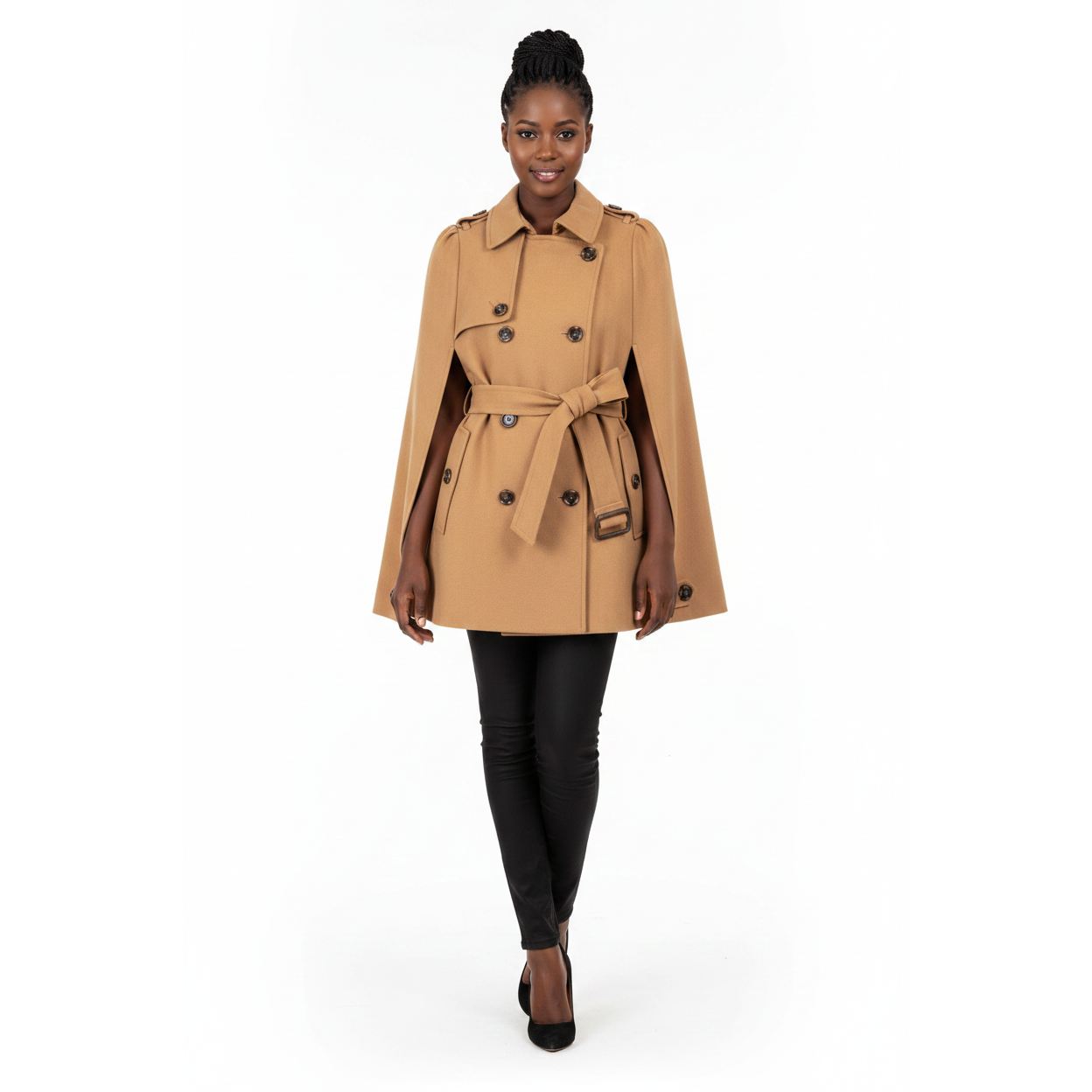 Winter Turn down Collar Belted Cape Coat 