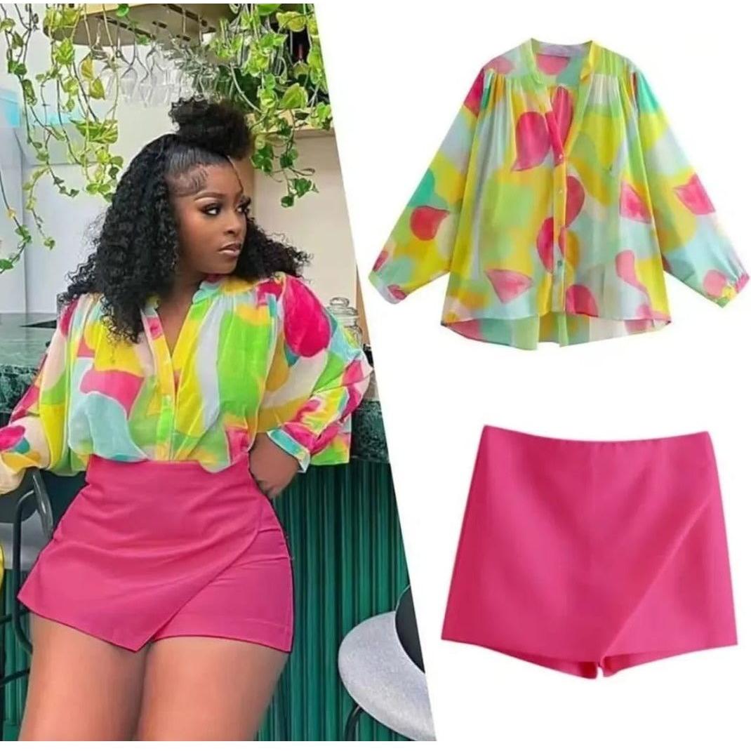 Sexy Colorful Buttoned Top and Short Pant