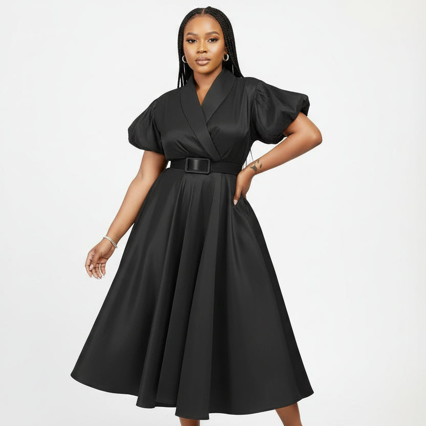 Elegant Overlap Collar A-line Midi Dress.